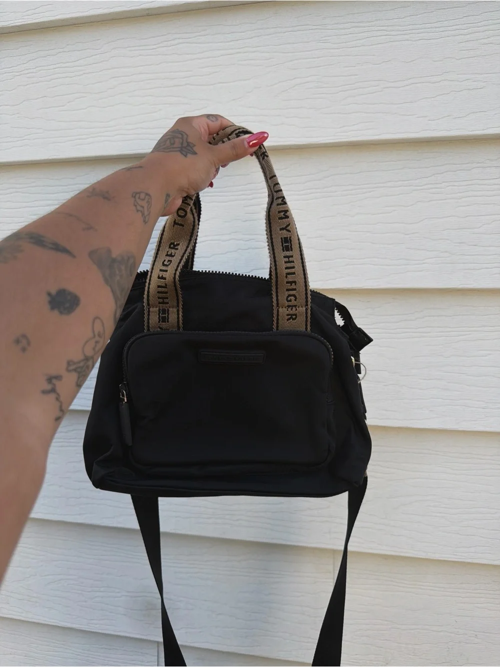 Tommy Hilfiger Black Nylon Messenger Bag with Branded Tan Handles